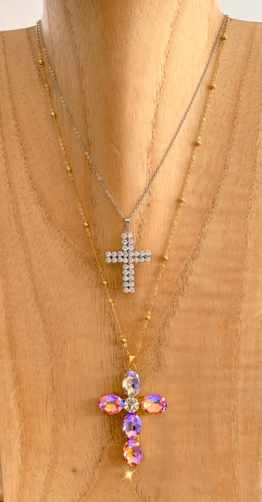 Collier croix strass roses FIONA
