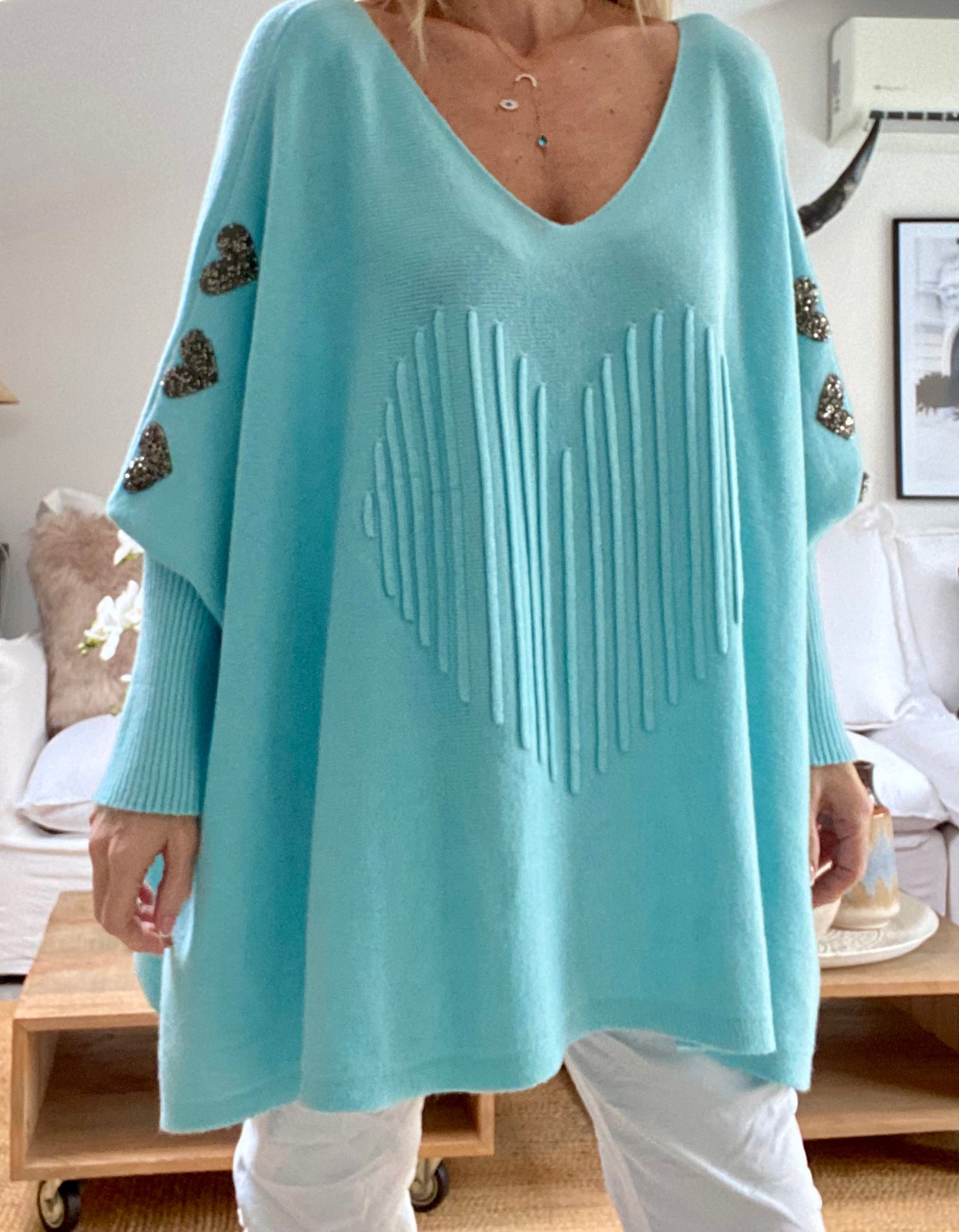 Pull turquoise clair  COEUR
